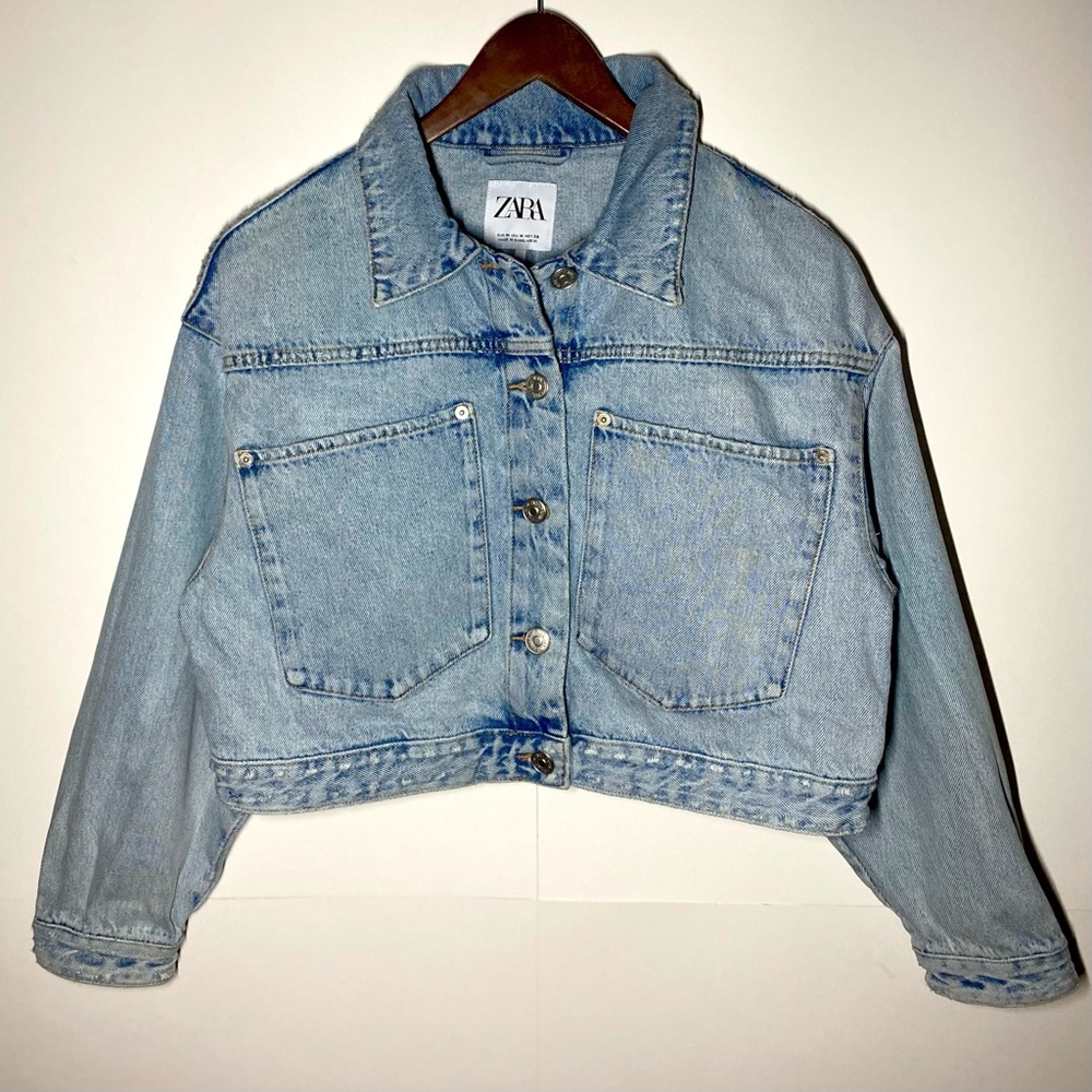 Zara Crop Denim Jacket | Size M | Light Blue Jean Distressed Oversized